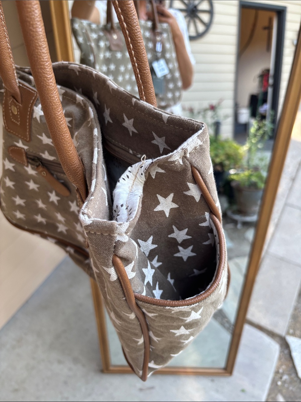 Myra Bag Taupe Star Canvas Tote with Brown Handles and White Stars - Picture 7 of 7